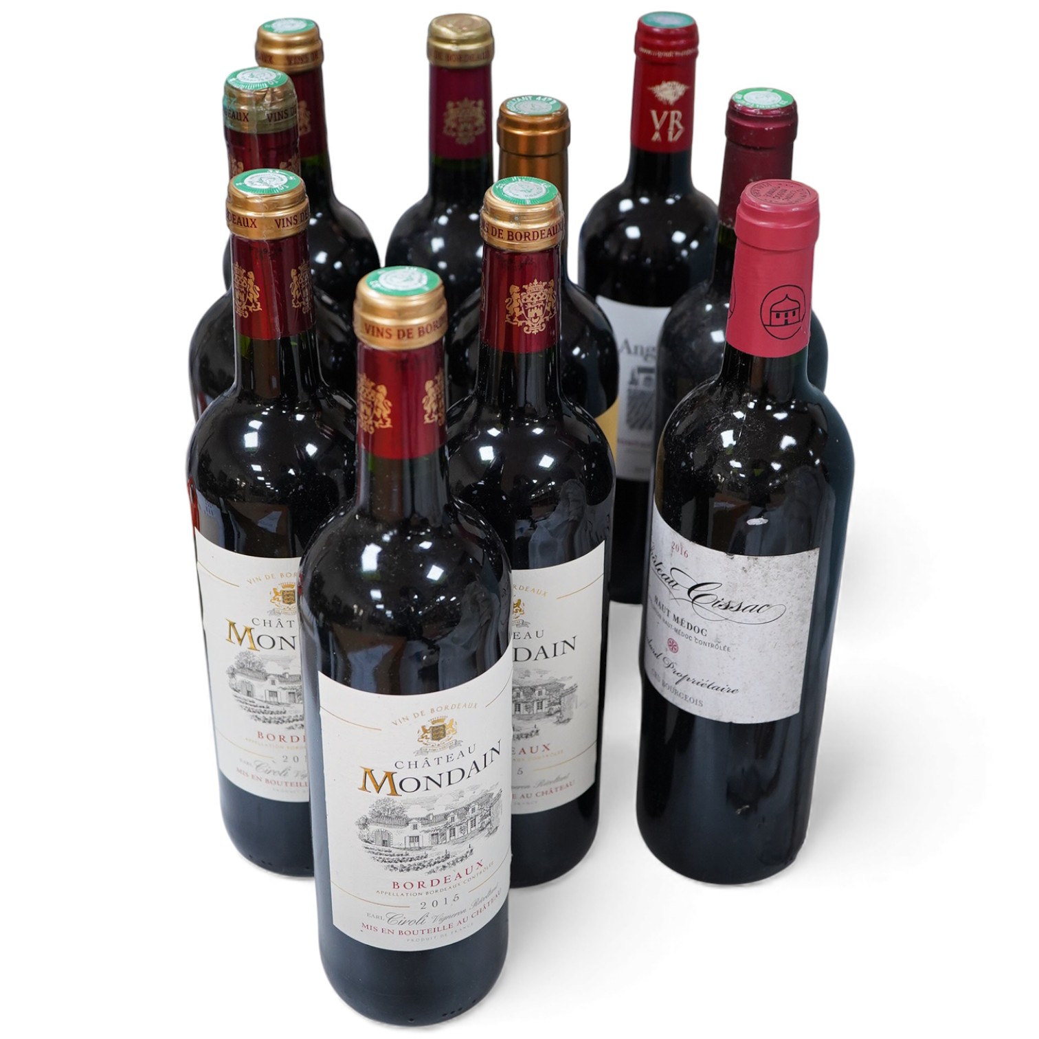 Ten assorted French Bordeaux wines, including five bottles of Chateau Mondain 2015